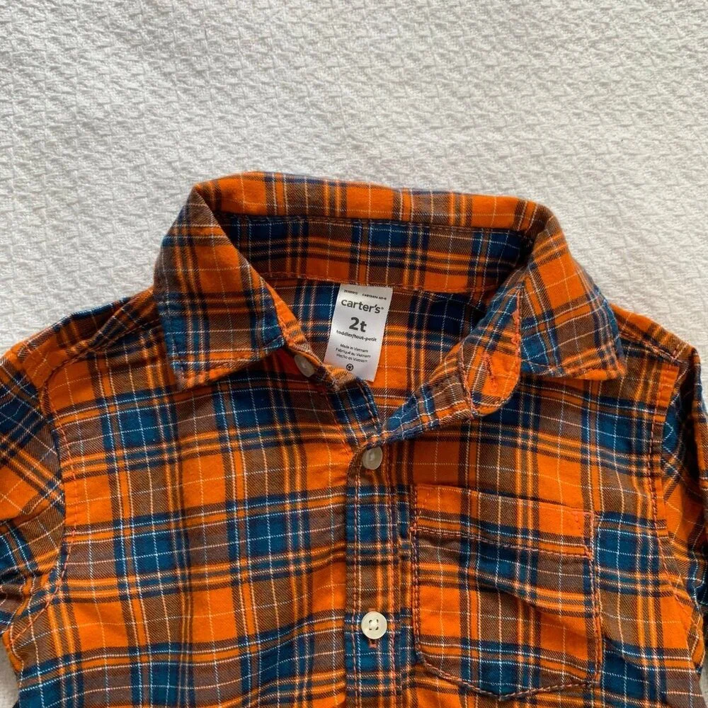 5/$25 Carter's 2T Orange Navy Blue Plaid‎ Flannel Button Down Shirt